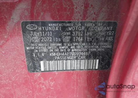 2013 Hyundai Elantra Gls z USA, uszkodzony, nr VIN KMHDH4AE7DU934467